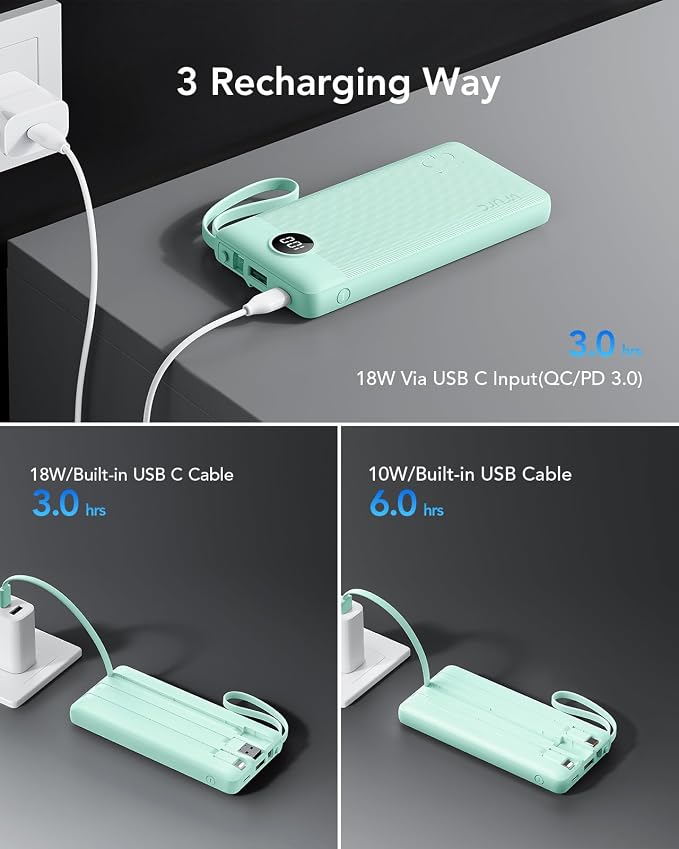 VRURC Portable Charger, 22.5W Fast Charging Power Bank Built‑in 4 Cables | 10000mAh Slim Lightweight Travel Battery Pack for iPhone, Samsung & Multi Devices, Pocket‑Friendly with Lanyard-Green(1 Pack) - Image 6