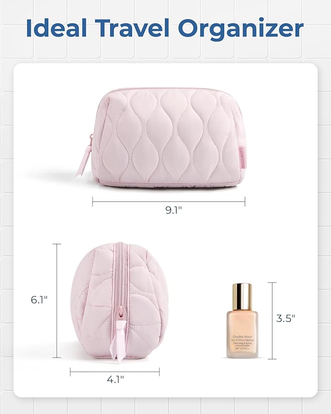 BAGSMART Makeup Bag, Travel Cosmetic Bag, Puffy Padded Make Up Bag for Women, Makeup Organizer Case, Wide-open Pouch Purse, Travel Essentials, Toiletries Accessories Brushes, Beige - Image 4