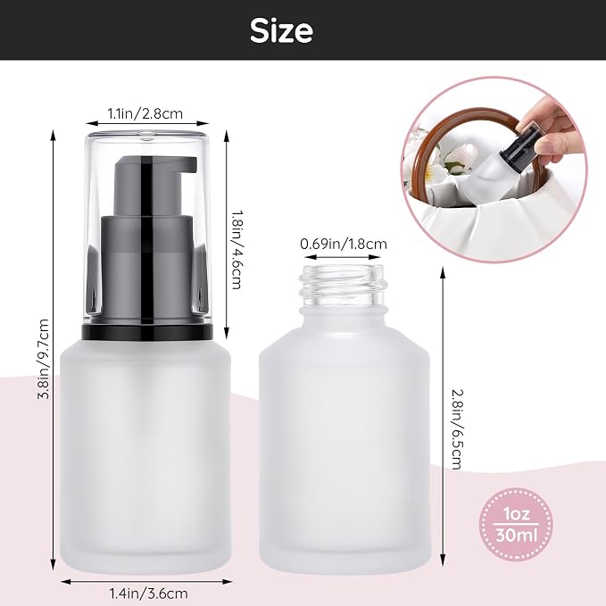 Segbeauty 1oz Frosted Glass Travel Size Bottles for Lotion, 5pcs Matte Translucent Empty Essential Oil Bottle, 30ml Travel Containers Refillable Cream Pump Bottle, Toiletry Bottles for Liquids - Image 2