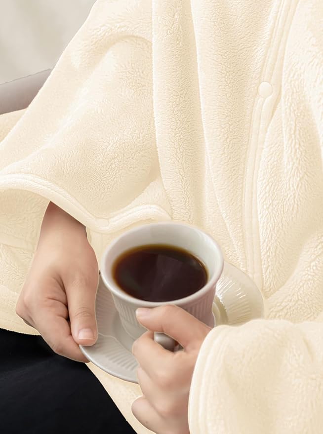 Shawl Blanket Pillow 2-in-1 with Sleeves for Office, Work, Home (Pearled Ivory, 40x60) - Wearable Adult Snuggie Coat Poncho, Airplane Travel Set, Fleece Shoulder Wrap for Men and Women - Image 3