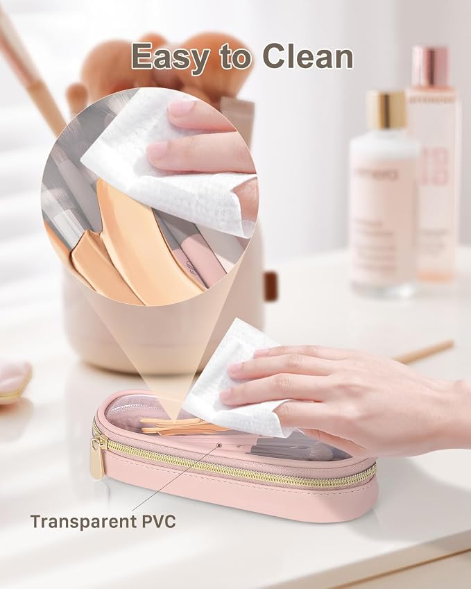 Soimeat Clear Travel Makeup Brush Holder, Leather Makeup Brush Toiletry Bag, Portable Cosmetic Brush Case, Transparent Waterproof Makeup Brush Storage Bag, Pink, Large - Image 4