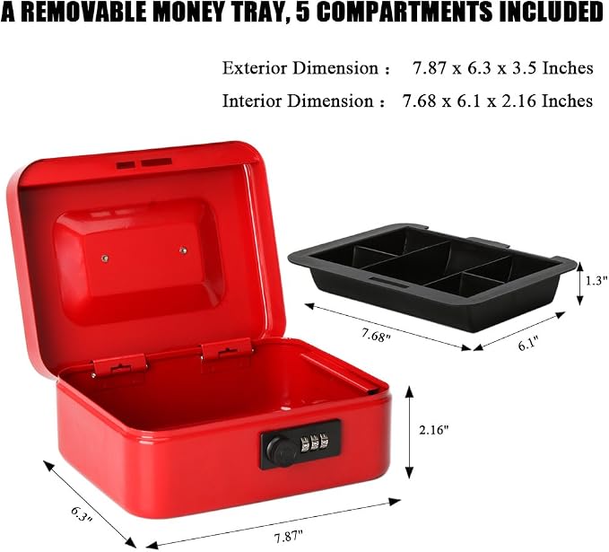 Jssmst Medium Cash Box with Combination Lock - Durable Metal Cash Box with Money Tray Red, 7.87 x 6.3 x 3.35 inches, CB0703M - Image 2
