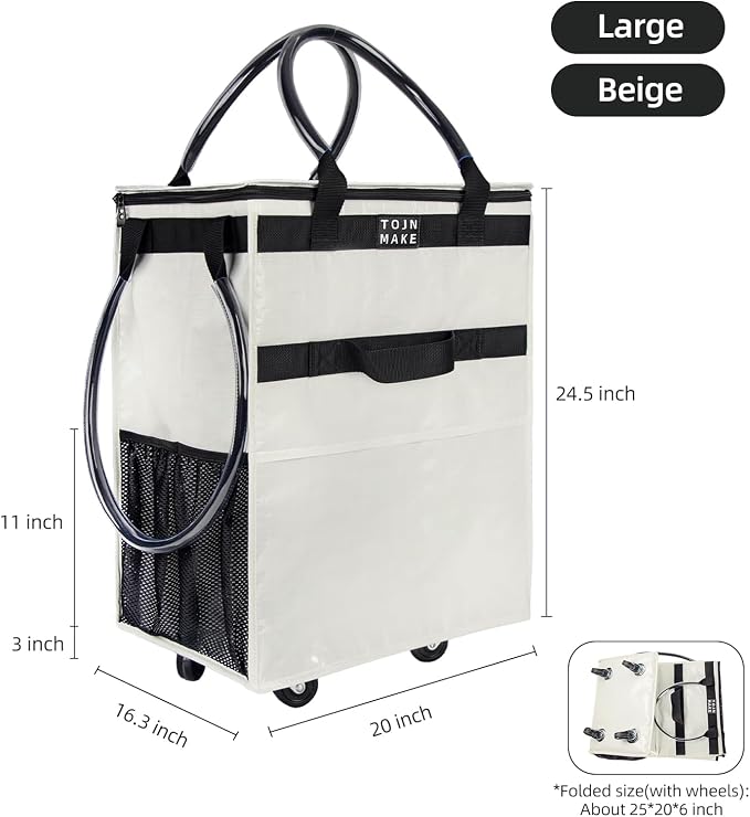 Reusable Grocery Bag On Wheels Shopping Trolley with 8 Pockets and Zipper Cover Foldable Rolling Tote, Heavy Duty Handles, Carries Up to 66 LBS (Large, Beige) - Image 2