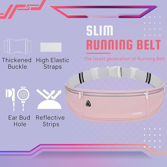 USHAKE Slim Running Belt, Workout Fanny Pack for Men Women,Exercise Waist Pack for Apple iPhone Holder, Runner Belt for Running Walking Cycling Camping Gym Light Pink - Image 2