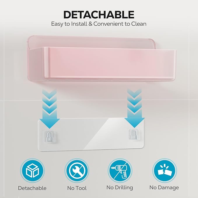 Nieifi Adhesive Shower Shelves, Pink, 5 Pieces | Rustproof ABS, Large Capacity, Removable Design, Easy-Clean, No Drilling Shower Organizer for Bathroom Storage & Home Decor - Image 5