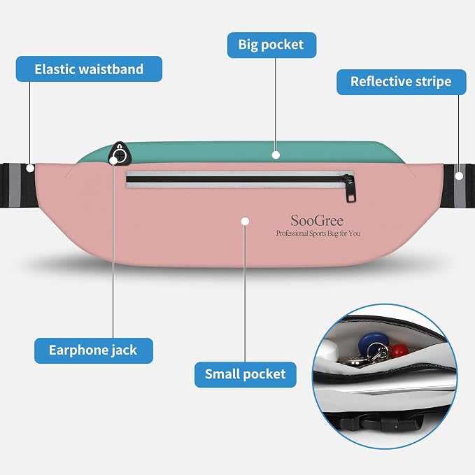 SooGree Running Waist Pack for Men Women, Lightweight Waterproof Sports Belt Bag, Phone Running Pouch, Night Reflective Fitness Storage Bag for Running Cycling Hiking Traveling (Blue/Pink) - Image 3
