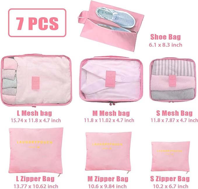 INVODA 7 piece Multi-size Packing Cubes for Travel Suitcase Organizer Bags Lightweight Travel Bags (Pink) - Image 2