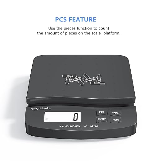 Amazon Basics Digital Postal Shipping Scale with Tare Function, AC Adapter, 65 lb Capacity, 0.1 oz Readability, LCD Display, Black - Image 5
