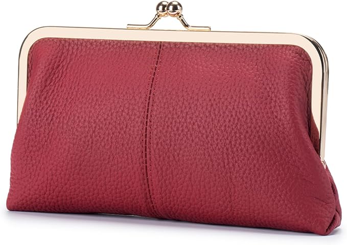 Women's Genuine Leather Wallet - Fashionable Kiss Lock Card Holder, Long Clutch Purse, Portable Large Capacity Travel Wallet (Wine Red) by Unknown