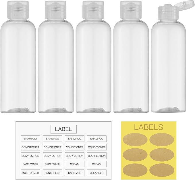 LISAPACK 3.4 oz Travel Bottles for Toiletries, Plastic Shampoo Containers | 5pcs small size dispenser, 100 ml clear squeeze tubes, leak proof, small empty for liquid, lotion, conditioner, soap, TSA - Image 5