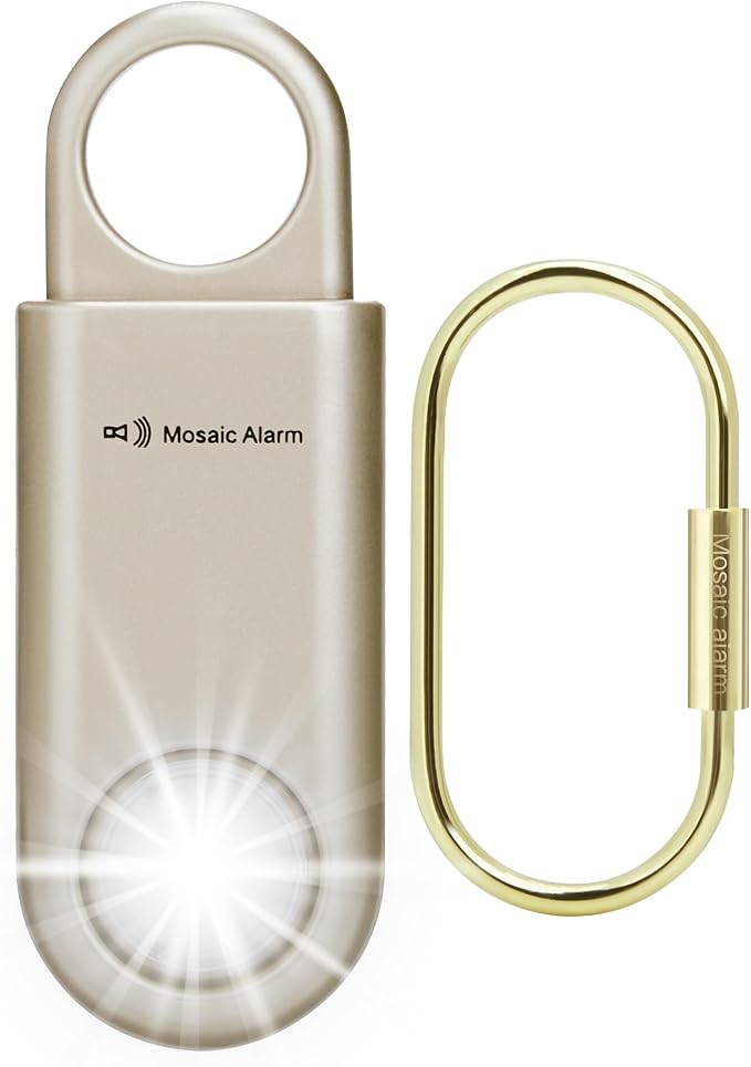 135dB Rechargeable Personal Safety Alarm Strobe Light Flashlight Keychain Siren for Women, Girls, College, School Students Emergency SOS Alerts Loud Sound Hiking Alarm Torchlight Bear Deterrent. Gold by MosaicAlarm