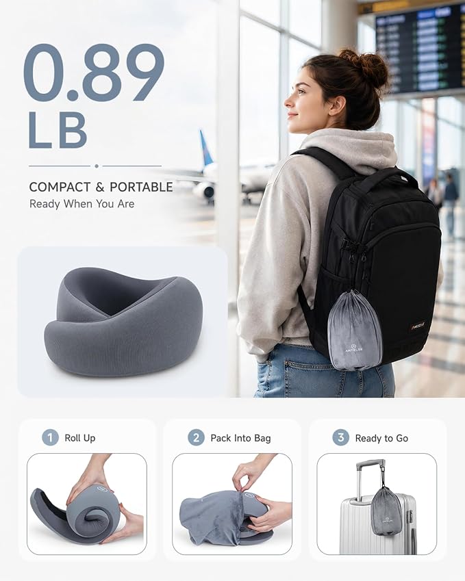 Travel Pillow for Airplane - Memory Foam Neck Travel Pillow with 360° Chin & Neck Support, Dual Raised Sides, Comfortable Breathable Cover, Compact Travel Bag for Long Flights, Car, Train, Sleeping - Image 7