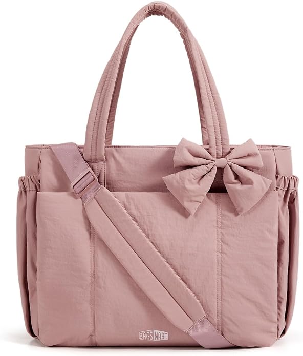 BAGSMART Crush Bow Tote Bag for Women, Puffer Travel Work Yoga Laptop Bag | Large Bow Tote Fits 40oz Tumbler, 15.6" Laptop, Yoga Mat Sleeve, Waterproof Pocket, Travel Work Swim Gym Mom Shoulder Handbag by BAGSMART