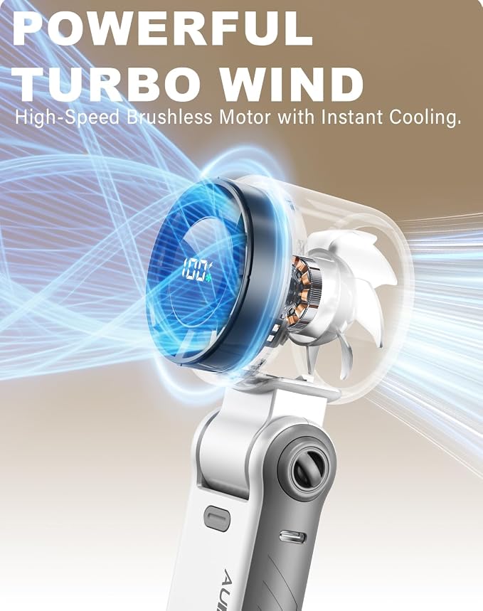 Portable Handheld Turbo Fan - 5 Speed Mini Personal Fan with Strong Airflow, Foldable 3 in 1 Rechargeable Battery Operated Trave Essentials Hand Fans for Indoor/Outdoor Use, White - Image 6
