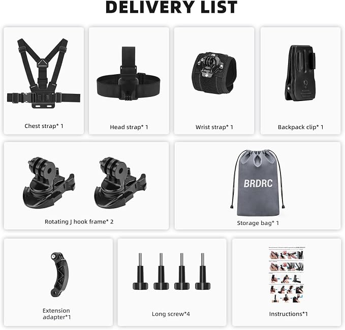 BRDRC Accessories Kit for GoPro, Head Chest Mount Strap Harness Backpack Clip Holder Wrist Strap, 360°Rotating Adapter + Quick Release for DJI Action 5 Pro 4 3, for Go Pro Hero Camera Accessory Bundle - Image 9