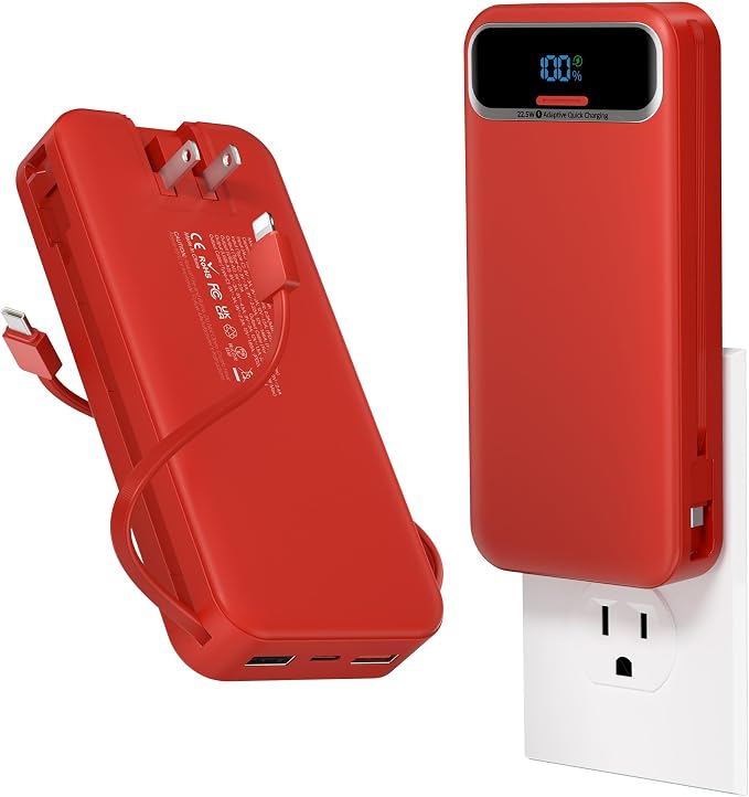 aonidi Portable Charger 20000mAh with Built-in Cables&AC Wall Plug, Red | PD20W Fast Charging,Travel Essential,TSA Approved,LED Display,All in One USB C Power Bank for All Cell Phones Devices by AONIDI