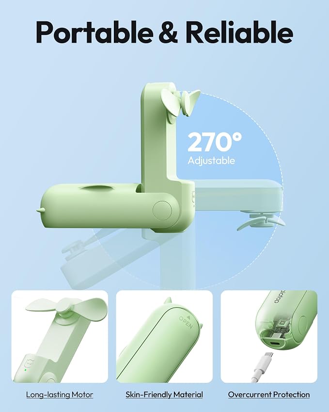 Gaiatop Portable Handheld Fan, 3 in 1 Mini Fan Handheld [17h Max Cooling], Foldable Personal Fans Pocket Design, USB Travel Fans Portable, Lash Trip Summer Essential Cute Gifts for Women Girl, Green - Image 5