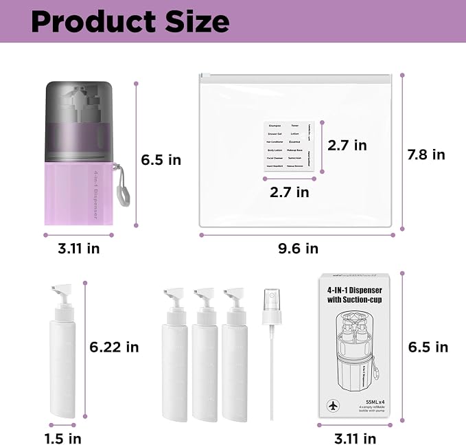 4 in 1 Travel Toiletry Containers,TSA Approved Refillable Travel Size Toiletries Bottles Set with Suction Cup for Smooth Walls - for Shampoo,Conditioner,Body Wash,Lotion.(Pink) - Image 5