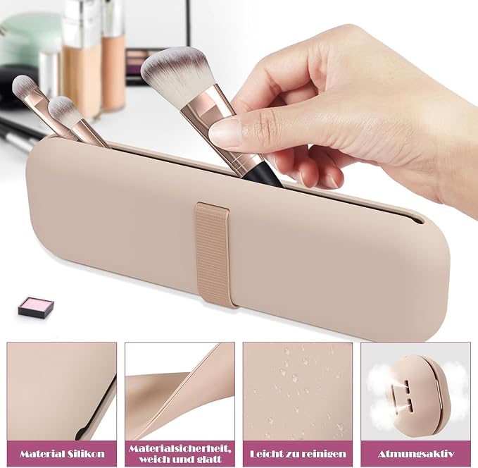 2-in-1 Silicone Makeup Brush Holder Travel Case, Khaki | Beauty Blender Pouch, Nylon Strap Closure, Odorless Waterproof, Fits 12 Full-Size Brushes - Image 4