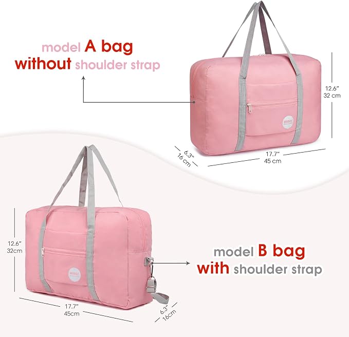 WANDF Foldable Travel Duffel Bag Luggage Sports Gym Water Resistant Nylon (D-Coral Pink with Strap) | 18x14x8 inches, Airline Underseat Aprroved, Weekend Overnight Trips, Lightweight Packable - Image 3
