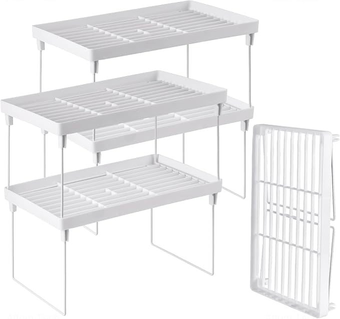 NiHome 4-Pack Stackable Plastic Kitchen Storage Shelf Foldable Rack, White | Stackable Kitchen Cabinet Organizer and Storage Shelves, Expandable Storage Racks for Counter Cabinet Pantry by NiHome