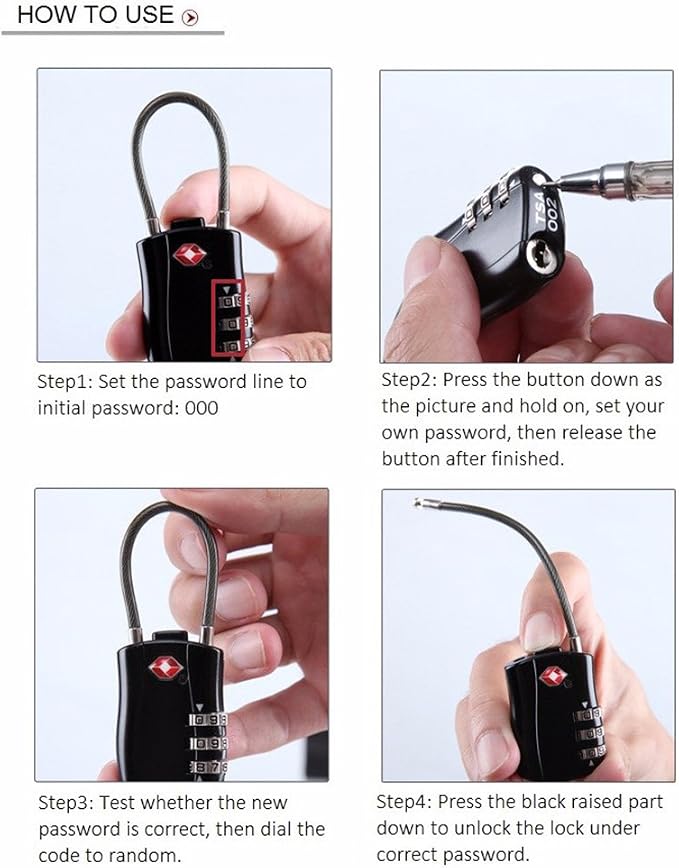 TSA Approved Travel Combination Cable Luggage Locks for Suitcases-4 Pack (Black) - Image 2