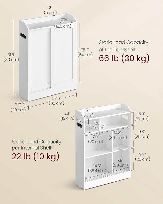VASAGLE Slim Bathroom Storage Cabinet, Sliding Doors, Cloud White | Adjustable Shelves，Toilet Paper Holder, Brush Compartment, 23.6 x 7.9 x 31.5 Inches, SIREN Collection UBBC752W01 - Image 3