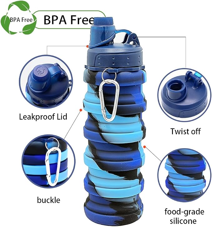 Silicone Collapsible Water Bottles, 16oz(500ml) Portable Foldable Expandable Water Bottle Sports Cups, Leak Proof Reusable BPA Free, for Outdoor Activities (Blue-A) - Image 4