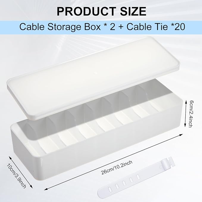Tatuo 4 Pcs Cord Organizer for Drawer Desktop, Cable Organizer Box with 8 Compartments and Wire Ties, Plastic Charger Storage with Lid, Electronics Case for Home Office Accessories (Small,White) - Image 2