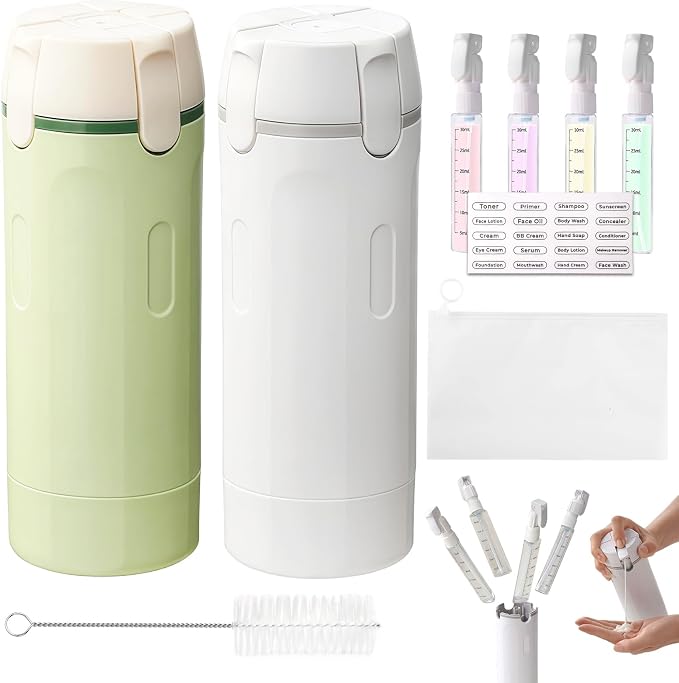 4 in 1 Travel Dispenser, Refillable Leak Proof Travel Bottle (White+Green) | 4 Pack 30ML TSA Approved Travel Toiletry Bottles Set with Stickers, Brush & Storage Bag for Shampoo, Lotion and Conditioner by JAIZAIWJ