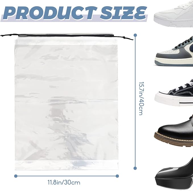 100 Pcs Shoe Bags for Travel,Large Transparent Travel Shoe Bags for Packing,Clear Plastic Drawstring Bag Shoe Dust Bags,Portable Shoes Organizers Pouch with Rope for Men and Women - Image 2
