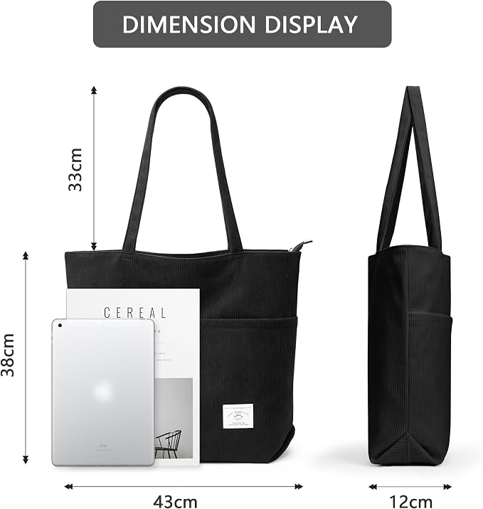 KALIDI Women Corduroy Tote Bag Zipper Casual Tote's Handbag Big Capacity Shoulder Bag with Pockets - Image 6