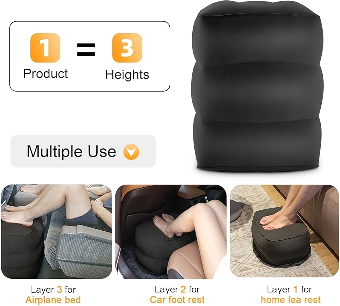 Maliton Inflatable Foot Rest Pillow, (Black, 2 Pack) | 3 Height Adjustments for Kids & Adults, Dual Valves for Quick Inflation, Creates Comfortable Foot Rest for Long Flights, Cars - Image 6