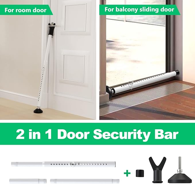 Door Stoppers Security Bar & Sliding Glass Door Lock Keep Your Home Security, Adjustable Jammer with Interchangeable Caps & Rubber Tips, Ideal for Home, Apartment and Travel Protection，White(2Pack - Image 2
