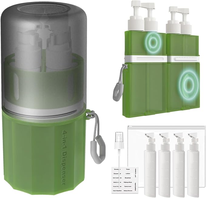 4 in 1 Travel Dispenser Bottle, TSA Approved Refillable Shampoo and Conditioner Bottles Set with Suction Cup for Smooth Walls, Travel Size Toiletries Container for Body Wash/Lotion.(Green) by Unknown