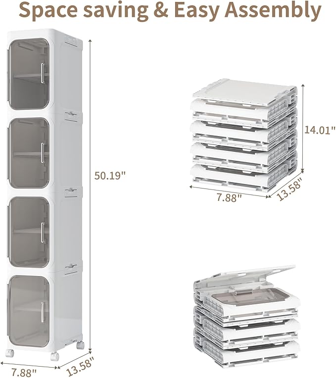4 Tier Slim Bathroom Storage Cabinet, Foldable and Movable, White | Tools Free, ABS and PET, Magnetic Clear Door, Adjustable Shelves, Lockable Wheels, Water Resistant, For Narrow Space - Image 2