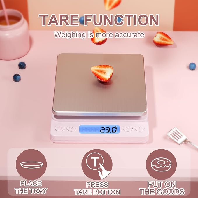 Digital Food Scale for Food Ounces and Grams，YONCON 3000g/0.1gram Accuracy Multifunctional Kitchen Scale for Cooking, Baking | Small Size for Easy Storage | Tare Function, Pink - Image 4