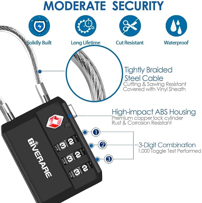 2 Pack TSA Approved Travel Luggage Locks, Cable Combination Lock 3-Digit, Keyless Suitcase Padlocks, Weatherproof Padlock for Locker, Golf Bag, Gun Case, Backpack, Anti Theft, Easy Read Dials-Black - Image 3