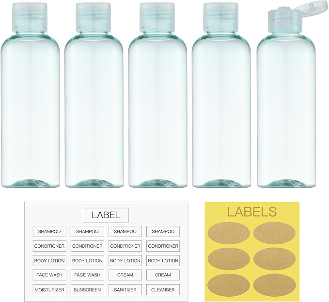 LISAPACK 3.4 oz Travel Bottles for Toiletries, Plastic Shampoo Containers | 5pcs small travel size dispenser, 100 ml squeeze tubes, leak proof, small empty for liquid, lotion, conditioner, soap, TSA - Image 6