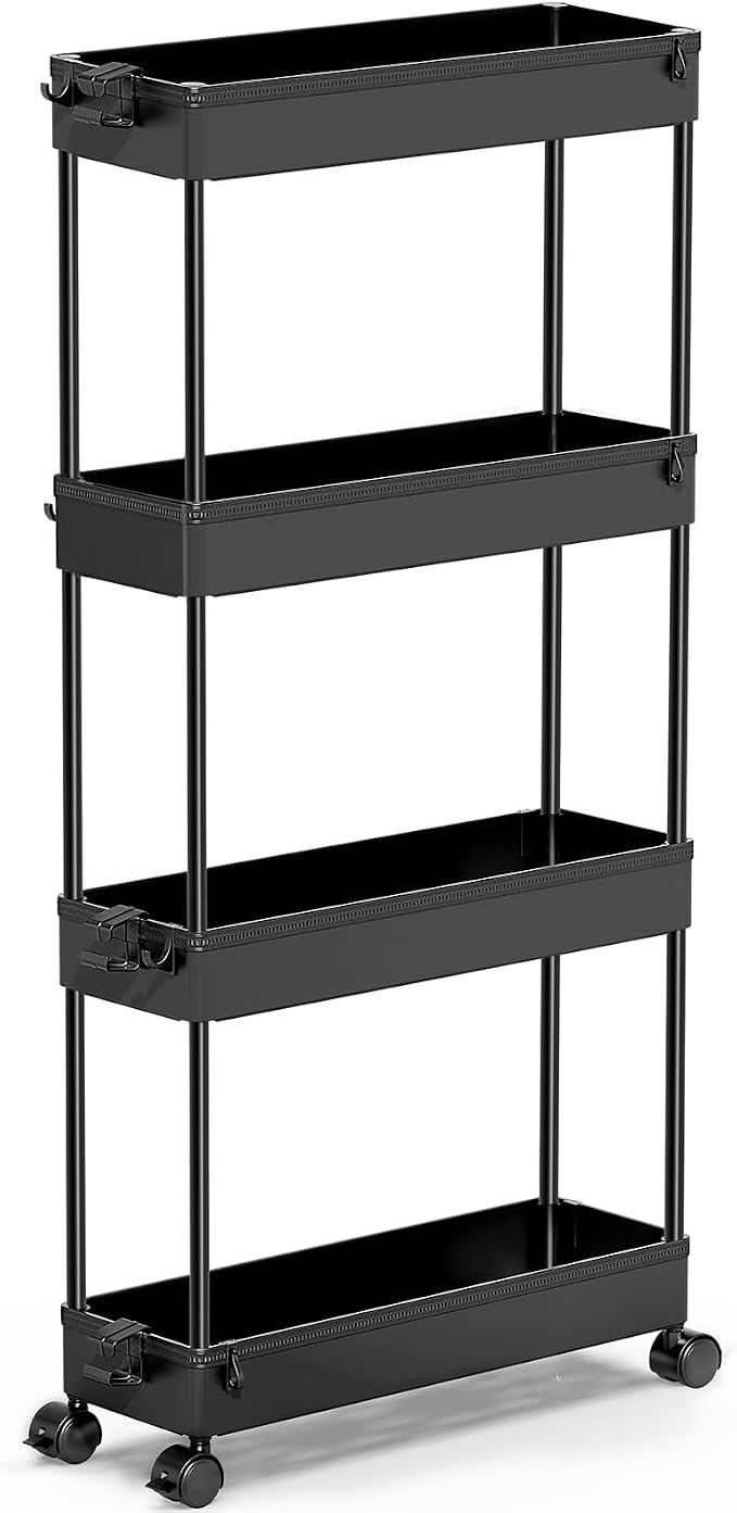 SPACEKEEPER Slim Rolling Storage Cart, 4 Tier Bathroom Cart Organizer,Black | Narrow Rolling Cart with Wheels for Kitchen Office Bathroom Laundry Room,Mobile Utility Cart for Craft Art Makeup Nail Polish by SPACEKEEPER