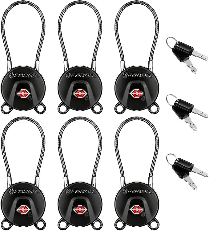 Forge TSA Approved Luggage Locks Ultra-Secure Dimple Key Cable Locks for Travel with Zinc Alloy Body- 6 Black Locks by Forge
