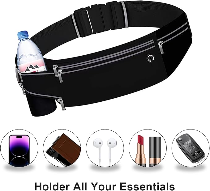 Slim Running Belt for Women Men,Runners Fanny Pack Phone Holder,Money Belt,Running Gear Accessories,with 3 Pockets (Jet Black) - Image 2