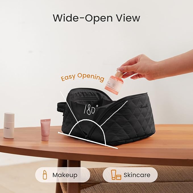 LOVEVOOK Travel Makeup Bag for Women, 2Pcs Puffer Waterproof Cosmetic Organizer, Large Capacity Pouch Open Flat Small Toiletry Bag with Brush Compartment & Handle (Black, Large) - Image 2