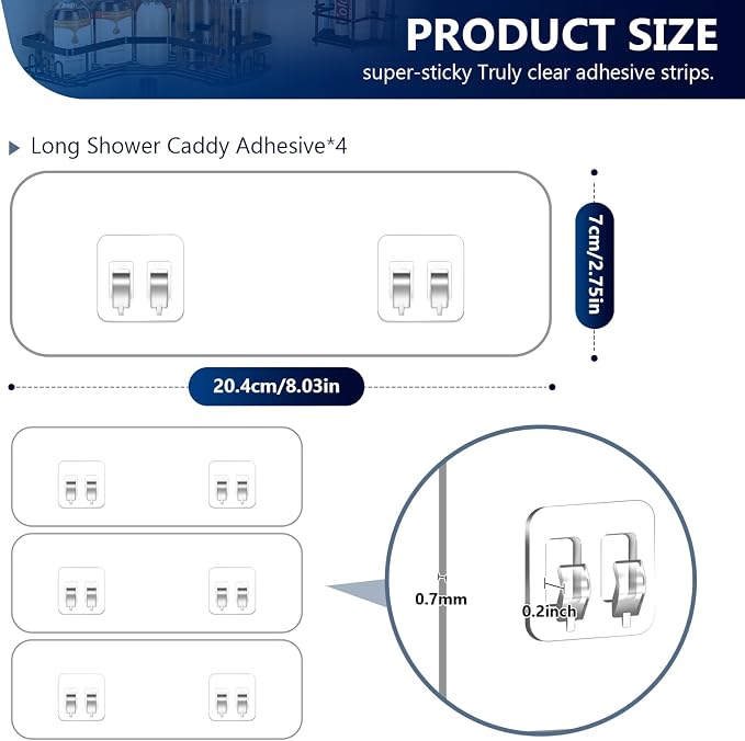 9 Pack Shower Caddy Adhesive Replacement Stickers,Strong Hooks for Caddy, Clear Waterproof Adhesive Strips, No Drilling for Kitchen Racks and Bathroom Storage Shelves (Clear 2 Hooks) - Image 2