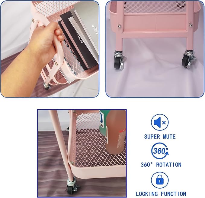 Utility Cart, 3-Tier Rolling Slim Storage Cart with Wheels, Metal, Pink - Image 3