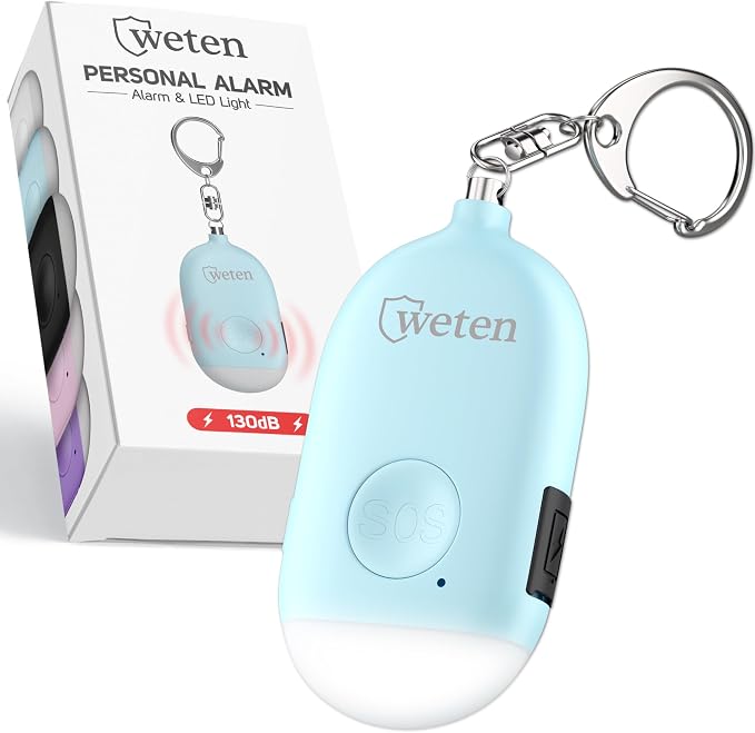 Rechargeable Personal Alarm Keychain, 130dB Siren, LED Light, Blue | Stylish Personal Safety Alert for Women to Carry, Panic Button Alarm for Security by WETEN