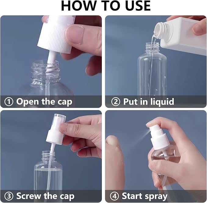 DTDNZKN 4 Pack 3.4 Oz (100ml) TSA Approved Travel Bottles | Travel Size Containers Plastic Spray Bottles withFunnels and Labels - Fine Mist, Refillable, Leak Proof - Image 4
