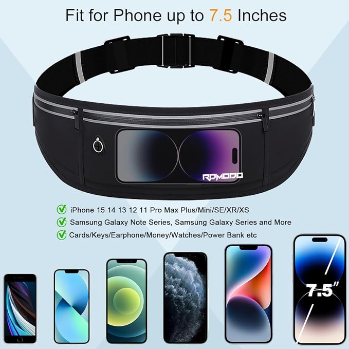 Slim Running Belt, Water Resistant Fanny Pack for Women Men, Black | 3 Pockets, Phone Holder for Running Walking Cycling, Adjustable & Reflective, Waist Bag for iPhone 17 16 15 Pro Max Samsung - Image 4