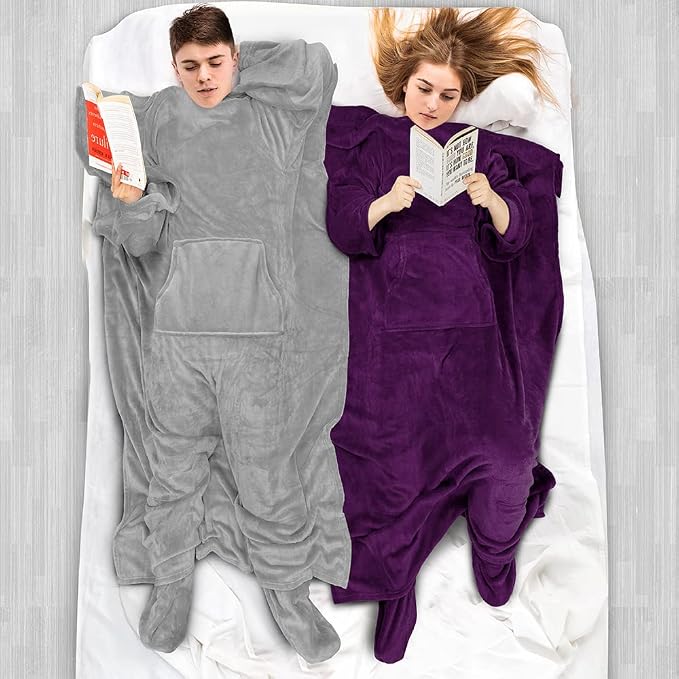 PAVILIA Fleece Blanket with Sleeves, Foot Pockets for Women Men Adults, Plush Wearable Blanket Throw Wrap, Warm Snuggle Blanket Robe, Cozy Gift Ideas Wife Mom, Dark Purple - Image 5