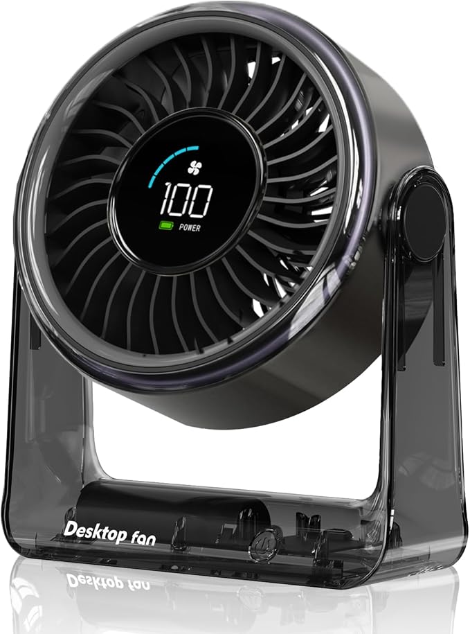 USB Small Quiet Desk Fan, Turbo Table Fan with Night Light, 6 Speeds Digital Display, 360° Rotation, 4000mAh Rechargeable Battery Air Circulator Desktop Fan for Bedroom Home Office, Black by DULUDULU